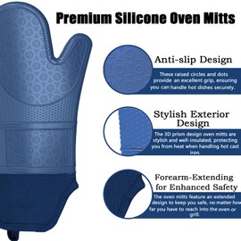 Extra Long Oven Mitts with Heat-Resistant Hot Pads and Five Silicone Spatulas Designed for Kitchen Baking Cooking, Oven Glove Soft Cotton Lining, Waterproof, BPA-Free (Dark Blue, 15.7)