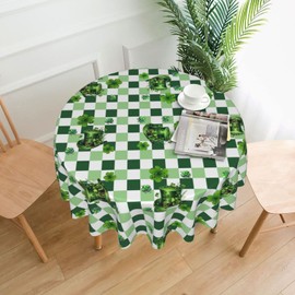 St Patricks Day Tablecloth Round 60 Inch Shamrock Tablecloth Polyester Washable Green Irish Clover Top Hat Plaid Decorative Table Cloth Table Cover for Kitchen Dining Room Picnic Patio Party
