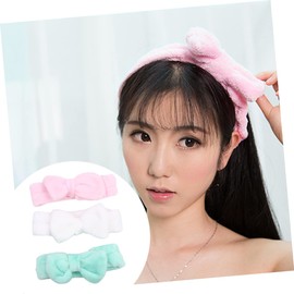 SAFIGLE 3pcs Adorable Coral Fleece Headband Set with Bowknot for Women and Elastic Makeup Hair Accessories for Face Washing Green White Pink