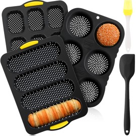 FillTouch Set of 5 Silicone Hamburger Bun Mold 4 6 9 Cup Hamburger Bun Pan with Spatula Brush Nonstick Bun Pans for Baking Homemade Bread Loaf Sandwich Baking Tray, Fridge Dishwasher Microwave Safe