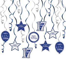 Nelbiirth Happy 17th Birthday Blue & Silver Glitter Swirls Streamers Party Decorations - 15 Pcs 17th Birthday Hanging Swirls Streamers Kit,Cheers to Seventeen Years Old Bday Party Sign.