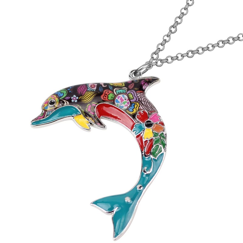 BONSNY Ocean Collection “BLUE” Statement Enamel Alloy Dolphin Necklace Pendant