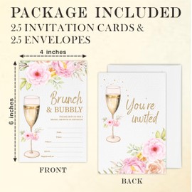 YKYENR Floral Bridal Shower Invitations - Brunch & Bubbly - 4 x 6 Inches Invites (25 Cards & Envelopes) For Wedding Showers, Newlyweds Parties And Receptions - A10