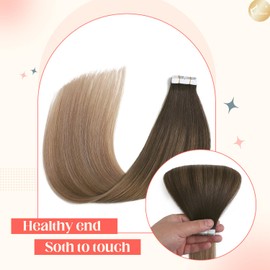 XDhair Tape in Extensions Human Hair 20 Inch 50g Balayage Color Dark Brown to Dirty Blonde Straight Tape in Hair Extensions 20pcs (20, #2/6/18)