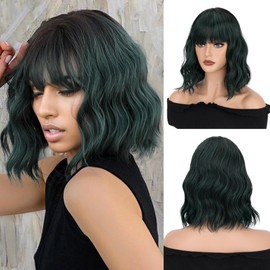 Short Green Wigs With Air Bangs Shoulder Length Bob Wig For Women Curly Wavy Synthetic Cosplay Wig for Girl (12" Dark Green)