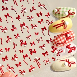 5D Embossed Bowkont Nail Art Stickers with Pearls Red Bow Nail Stickers for Nail Art Supplies Bowknot Nail Decals Self-Adhesive Pearl Bow Sticker Nails Accessories for Women Manicure Decor Decal