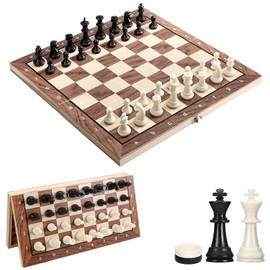 Magnetic Chess Game, 3-in-1 Chess Board, Wood, High-Quality Chess and Lady, Foldable and Portable Chess Board Set for Adults, Children, Party, Travel (29 x 29 cm)