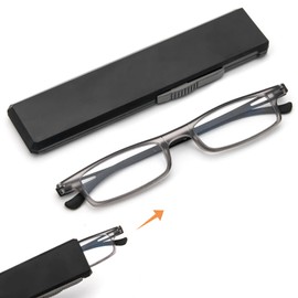 REAVEE Folding Reading Glasses for Men Women Ultra Thin Blue Light Blocking Anti UV/Eyestrain Computer TR90 Slim Portable Foldable Readers with Compact Flat Case, Grey +1.25