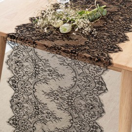 ARKSU Romantic Vintage Lace Table Runner with Embroidered 18X120inch Black Floral Lace Table Runner for Candlelight Dinners, Wedding Reception Table Decor（Set of 10）