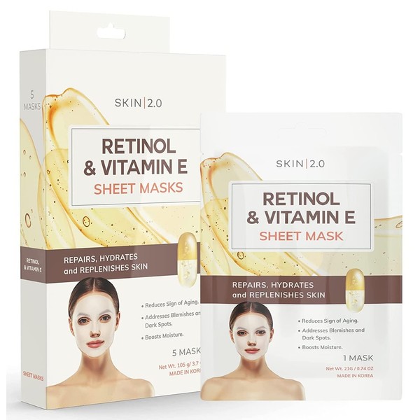 Skin 2.0 Retinol and Vitamin E Sheet Face Mask - Diminishes Blemishes, Acne Scars & Hyperpigmentation, Hydrating, Anti-aging Sheet Mask - Cruelty Free Korean Skincare For All Skin Types - 5 Masks