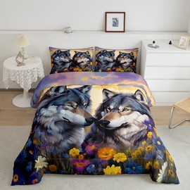 Wolf Kids Comforter Set Queen Size,Daisy Flowers Watercolor Hand-Painted Bedding Set,Boys Girls Men Room Decor,Wild Animals Hunting Cabin Down Comforter,Rustic Farmhouse Duvet Insert,2 Pillowcases