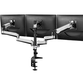 HUANUO Triple Monitor Stand - Full Motion Articulating Gas Spring Monitor Mount Fit Three 17 to 32 inch Flat/Curved LCD Computer Screens with Clamp, Grommet Kit, Silver
