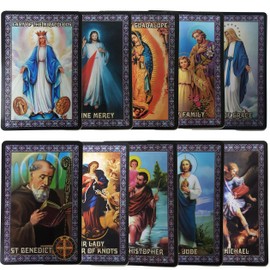 Catholic Set - 10 Holy Prayer Cards, New Plastic: Benedict, Jude, Michael, Christopher, Holy Family, Guadalupe, Miraculous, Grace, Undoer of Knots, Divine Mercy