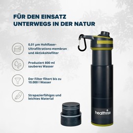 Health Rise 0.7L Outdoor Water Filter Bottle - 99.99% Pollutant Removal - Hollow Fibre Filter with 1,500L Filter Capacity - Ideal for Camping, Hiking, Survival & Crisis Prevention