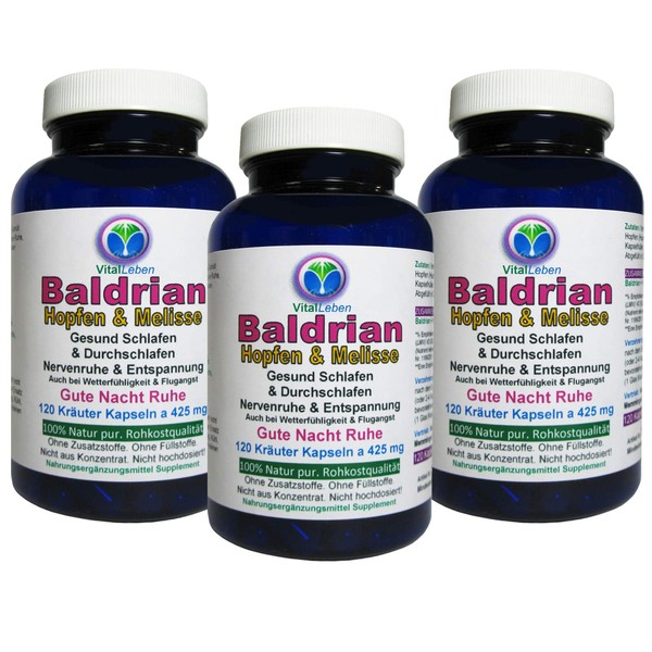 Baldrian + Hops + Melisse 360 (3x120) Powder Capsules. Nerve Soothing + Relaxation & Beautiful Sleep + Good Night. Pure Natural - No Additives 26660-3