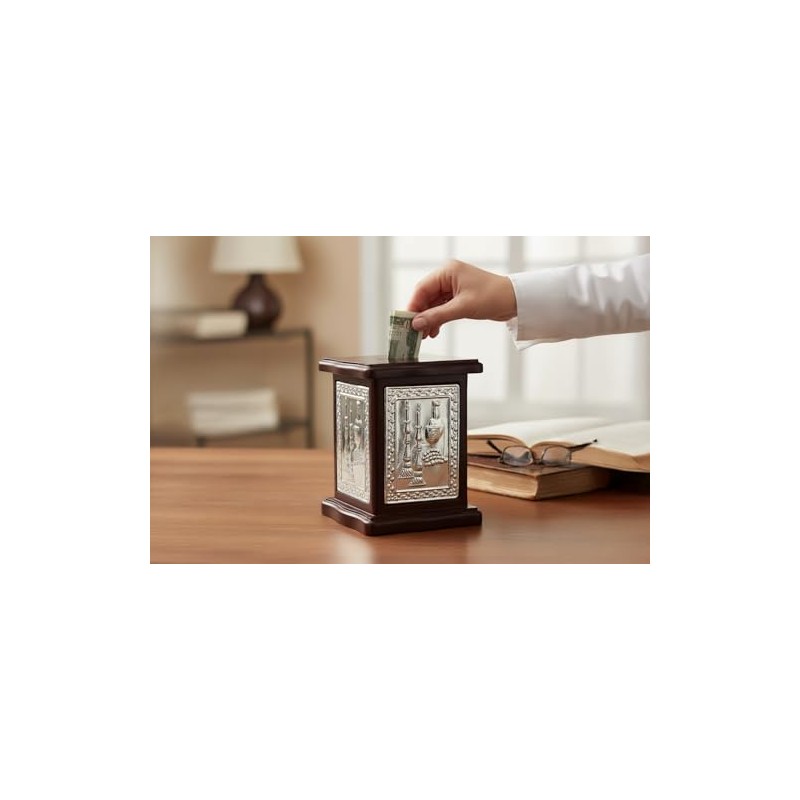 Wood & Silver Plated Tzedakah Box/Charity Box Designed with Shabbat