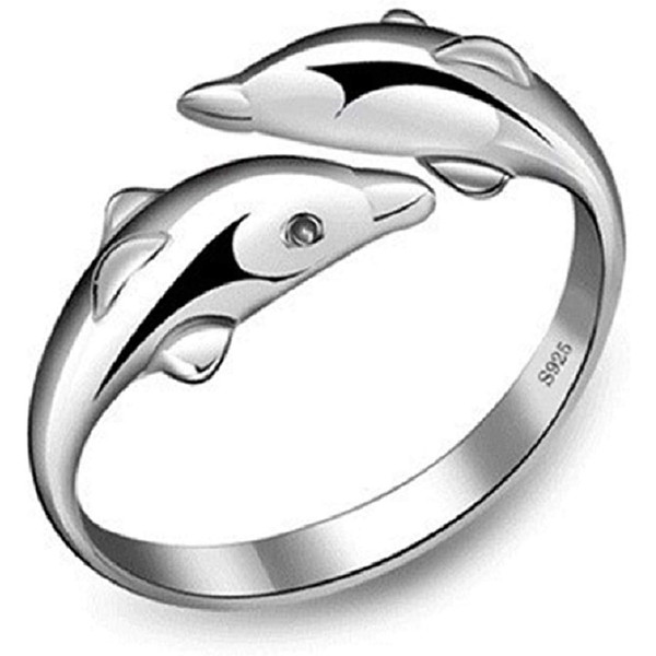 Fairy Heart Dolphin Motif Free Size Ring with Chain 925
