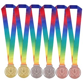 Gujiate Gold Silver Bronze Award Medals Winner Metal Medals with Rainbow Ribbon for Competitions, Party, Olympic Style, 52g, 2.55", 6Pcs