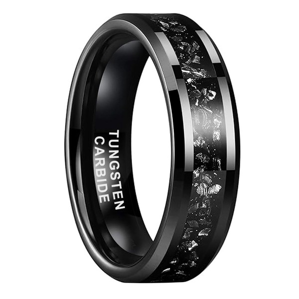 TUTISS 6mm Black Tungsten Rings for Men Women Meteorite Shavings