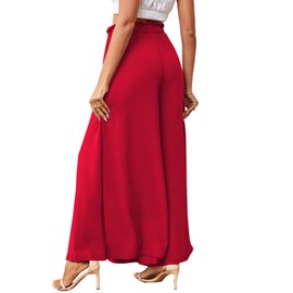 LYANER Women's Tie Front High Waist Side Split Slit Flowy Wide Leg Pleated Pant with Belt Solid Red Large