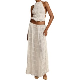 Miolasay Women's Two Piece Maxi Skirt Lace Up Sleeveless Tank Top and Flowy Long Skirt Set Y2K Summer Beachwear, A-White