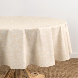 Elrene Home Fashions Camile Floral Damask-Scroll Water- and Stain-Resistant Vinyl Tablecloth with Flannel Backing, 70 Inches X 70 Inches, Round, Ivory