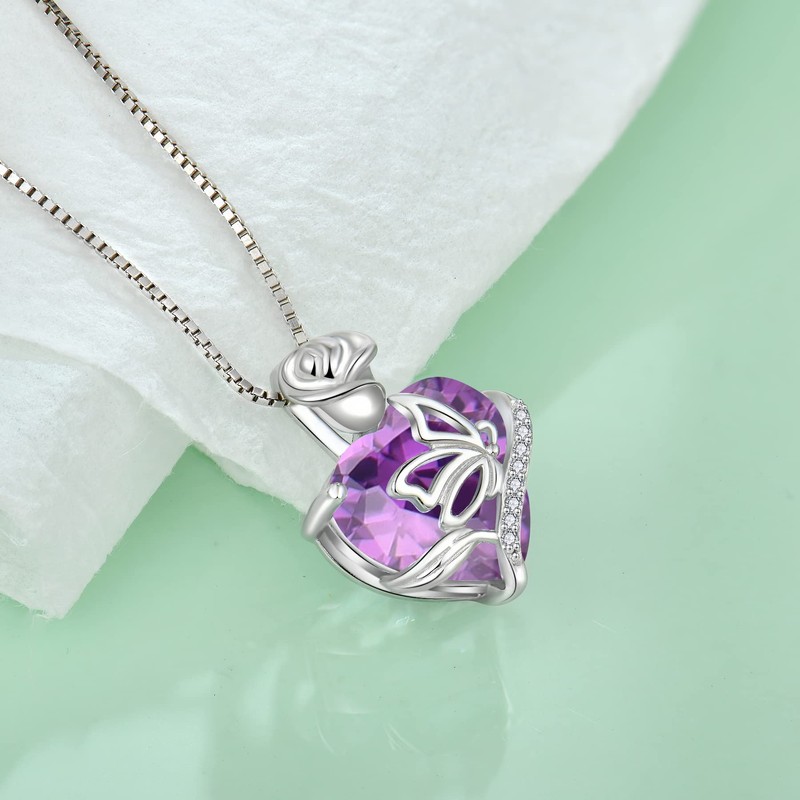 FJ February Birthstone Necklace for Women 925 Sterling Silver Amethyst