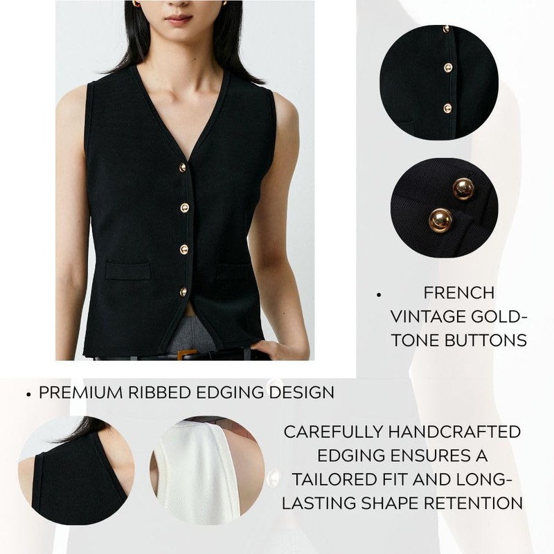 Kalamet V Neck Button Front Sweater Vest for Women Knit