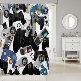 Gamer Shower Curtain,Watercolor Gamepad Shower Curtain Kids Teen Boys Gaming Bath Curtain,Video Games Room Shower Curtain,with 12 Holes,Red Blue White Black 72" W x 78" L
