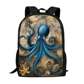 Kamoxi Funny Octopus Backpack Blue Octopus Retro World Map Bookbag for Kids Boys Girls, Ocean Animal Students School Bags Waterproof Lightweight Casual Travel Hiking Laptop Daypack Large 17"