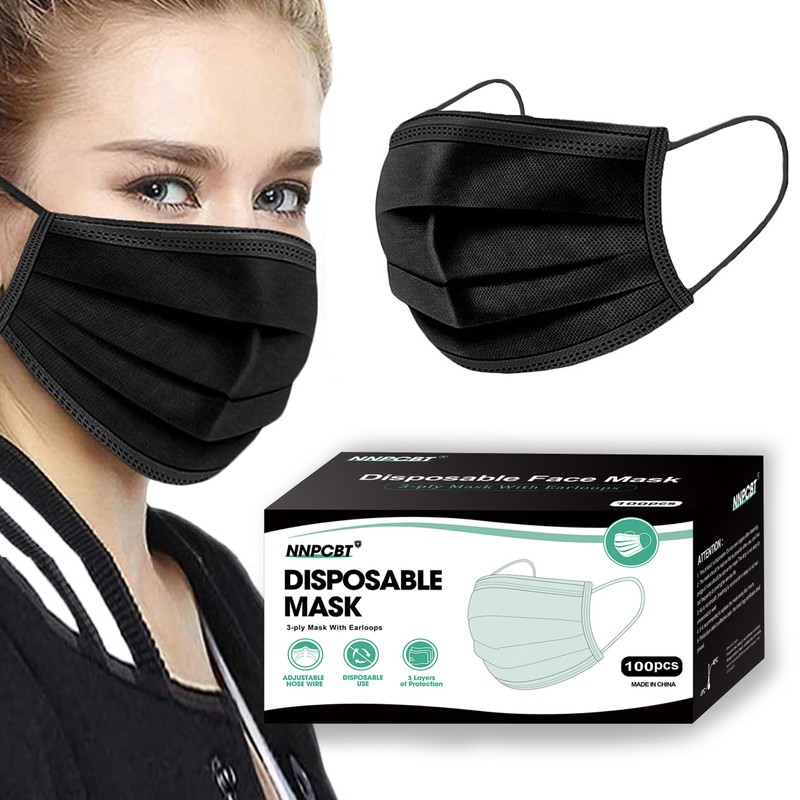 NNPCBT 100PCS 3 Ply Black Disposable Face Mask Filter Protection