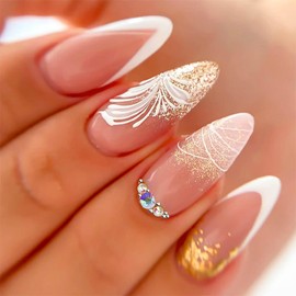 RUOKEXIN French Tip Press on Nails Almond Fake Nails Medium False Nails with Glitter Designs Pink Full Cover Glue on Nails Sparkly Artificial Nails Cute Stick on Nails for Women 24Pcs