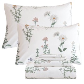 QSH Floral Queen Size Sheet Sets - 100% Egyptian Cotton Sheets Elegant Flower Pattern Printed Bedding Sheets Queen Size Bed Extra Soft and Breathable 4pcs Deep Pockets Bed Sheets