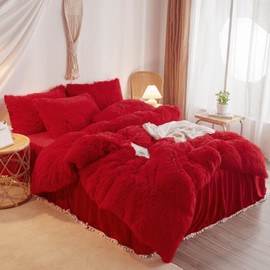 HAIHUA Red Fluffy Twin Comforter Cover Set，Faux Fur Red Girls Bedding 1 Pieces (1 Plush Twin Duvet Cover) Fluffy Bed Sets Twin (Red, Twin)