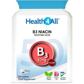 Health4All Vitamin B3 Niacin as Nicotinic Acid (Flush Effect) 50mg 120 Tablets. Vegan Niacin Flush Supplement Tablets. Made in The UK.