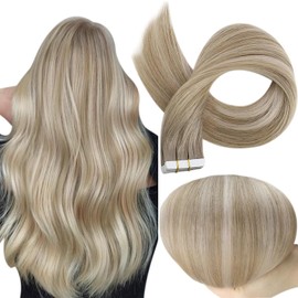 Full Shine Tape in Hair Extensions Remy Hair Color 19/8/60 Grey and Ash Brown Balayage Platinum Blonde Hair Extensions for Women 12 Inch Human Extensions 20 Pieces 30 Grams