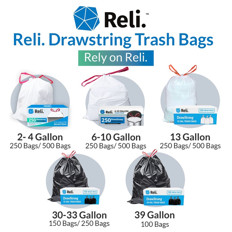 Reli. 6-10 Gallon Trash Bags Drawstring | 500 Count Bulk
