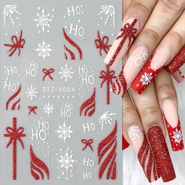 Christmas French Nail Stickers, Red Snowflake Nail Decals with Christmas Hat Snowflake Gift Bow 3D Self-Adhesive Red French Glitter Nail Tip Winter Nail Art Design for Women Girls(6Sheets)