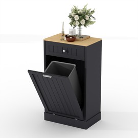 GarveeHome Tilt Out Trash Cabinet, 10 Gallon Kitchen Waste Bins, 1 Door Wood Free Standing Trash Cabinet, Recycling Cabinet with Hideaway Drawer for Living Room, Black