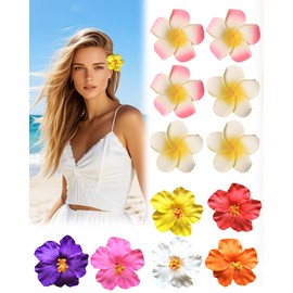 ASDIIT 12 Pcs Hibiscus Flower Hair Clips for Women, Artificial Orchid Plumeria Three Hawaiian Flower Hair Pins Brooches Accessories, Tropical Beach Holiday Party Wedding