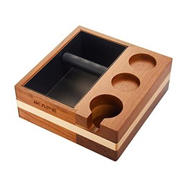 IKAPE Espresso Knock Box, 4 IN One Espresso Accessories Organizer Box Compatible with 51&54MM Espresso Accessories, Natural Mahogany Tamping Station Base