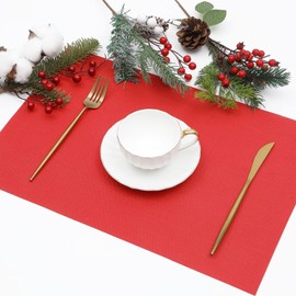 SHACOS Placemats Set of 6 Woven Vinyl Christmas Place Mats for Dining Table Wipe Clean Stain Resistant Table Mats Indoor Outdoor (6, Red)