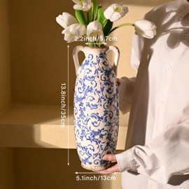 VICTOR & TERESA Blue and White Floor Vase for Pampas Grass, 14'' Tall Vase for Home Decor, Ceramic Farmhouse Decorative Large Vases for Flower, Mantel, Living Room, Shelf, Centerpieces, Gift for Her