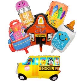 6 Pcs Back to School Balloons with Bus, Bag, Crayon Box and Pencil Balloons for First Day of School Decorations, kindergarten Classroom Party Supplies Backdrop Decor