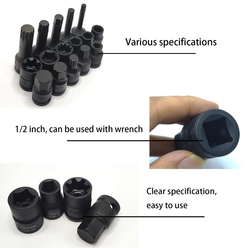 JEUCLEL 16PCS Universal Master Brake Caliper Socket Set, 1/2" Square
