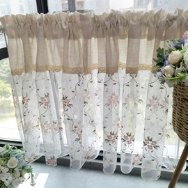 pureaqu Pink Floral Lace Curtain, Embroidered Cafe Curtain, Noren Linen Fabric, Short Curtain, Kitchen, Small Window, Bathroom, Semi-Window, Washroom, Living Room, Cafe, 1 Piece, Width 39.4 x Length