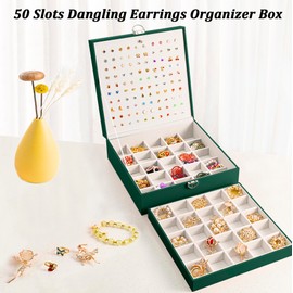 ARIYIBO Big Earrings Jewelry Box Earring Organizer Box 50 Slots Jewelry Box for Earrings Necklaces Rings,Womens Stud Earring Holder Organizer Box Jewelry Organizer Earrings Storage Box DeepGreen