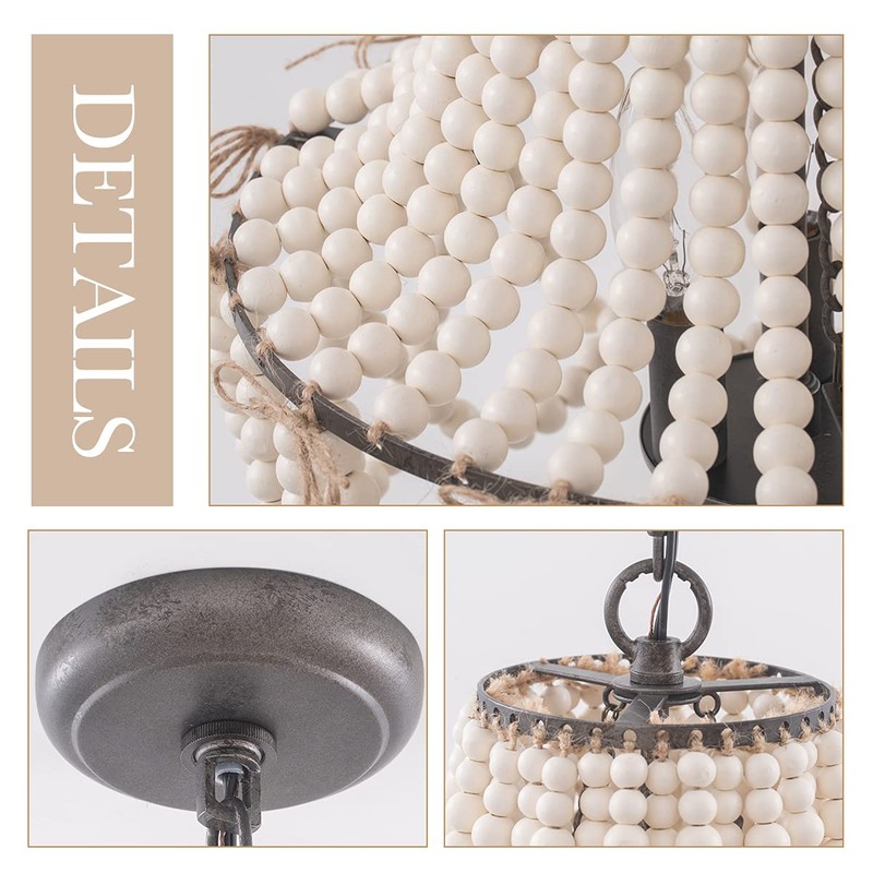 Wood Beaded Chandelier 3-Light Bohemia Pendant Light Fixture Farmhouse Round