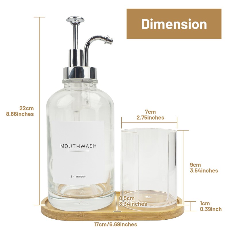 Ezebesta 17OZ Mouthwash Clear Glass Pump Dispenser with Disposable Mouthwash
