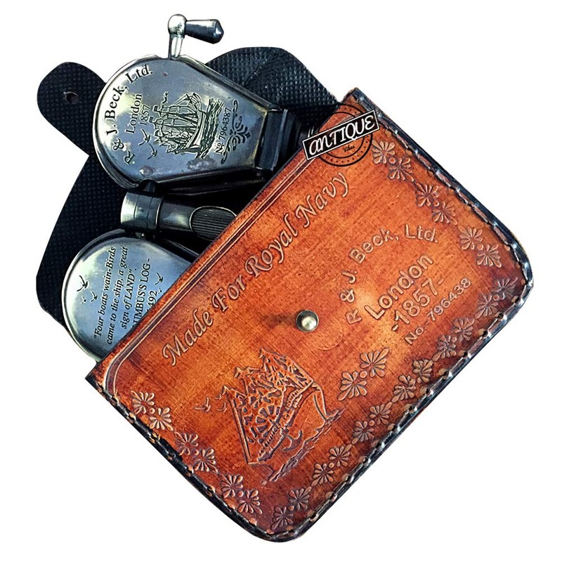 Double Lance Binoculars/Monocular Solid Antique Brass Telescope With Leather Case